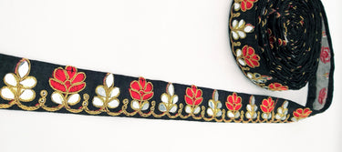 Black Silk Trim With Mirrors Embellishments and Gold Embroidery, Approx. 38mm Wide, Decorative Trim Costume Trim Floral Trim By Yard